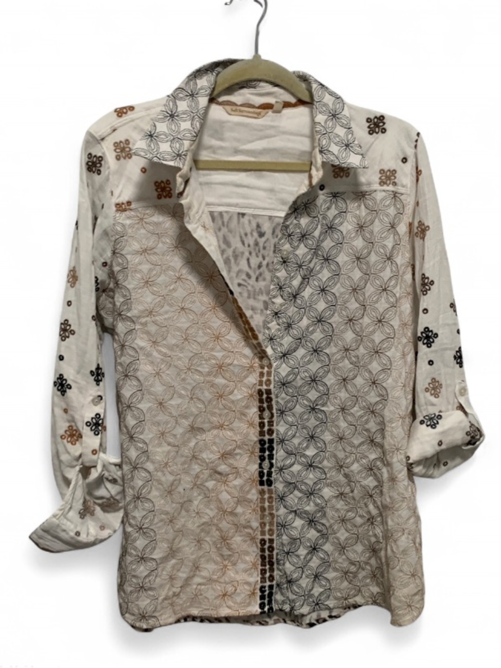 Soft Surroundings Cream Boho Embroidered Button-Down Shirt